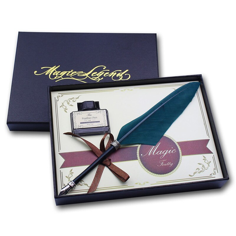 Mini Antique Europe Style Feather Pen Set Quill Calligraphy Writing Pen: olive green