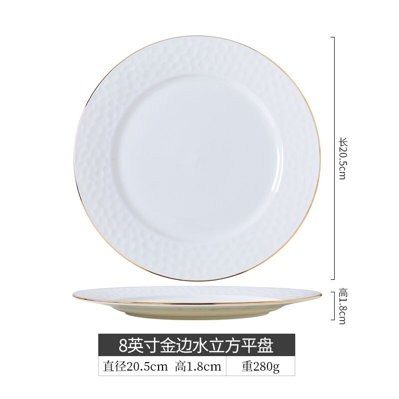 Ceramic Flat Steak pasta Plate Round Dinner Plates Bone China White Tableware with Golden Rim Home Western High-end Dinner Plate: 8 inch flat plate
