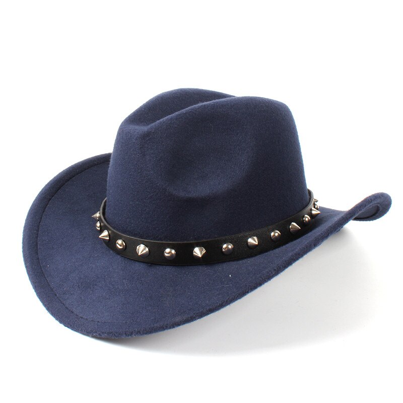Damer uldfilt vestlig cowboyhue med sammenrullet bred kant gentleman lady jazz cowgirl punk nittebælte sombrero caps  c18: Mørkeblå