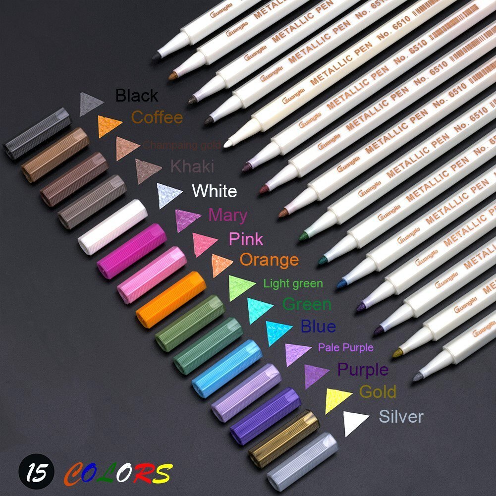 15 farver / sæt metallisk mikron pen detaljeret mærkning farve metalmarkør til album sort papir tegning skoleartikler: 15 farve rund spids