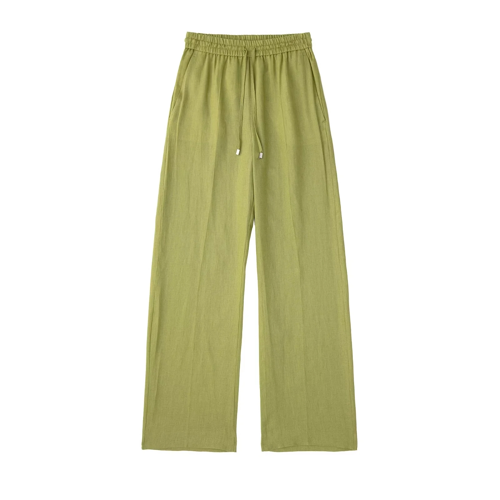 Summer Thin Linen Women Pants Drawstring High Waisted Side Pockets Full Length Straight Pant Female Trousers: L / Yellow