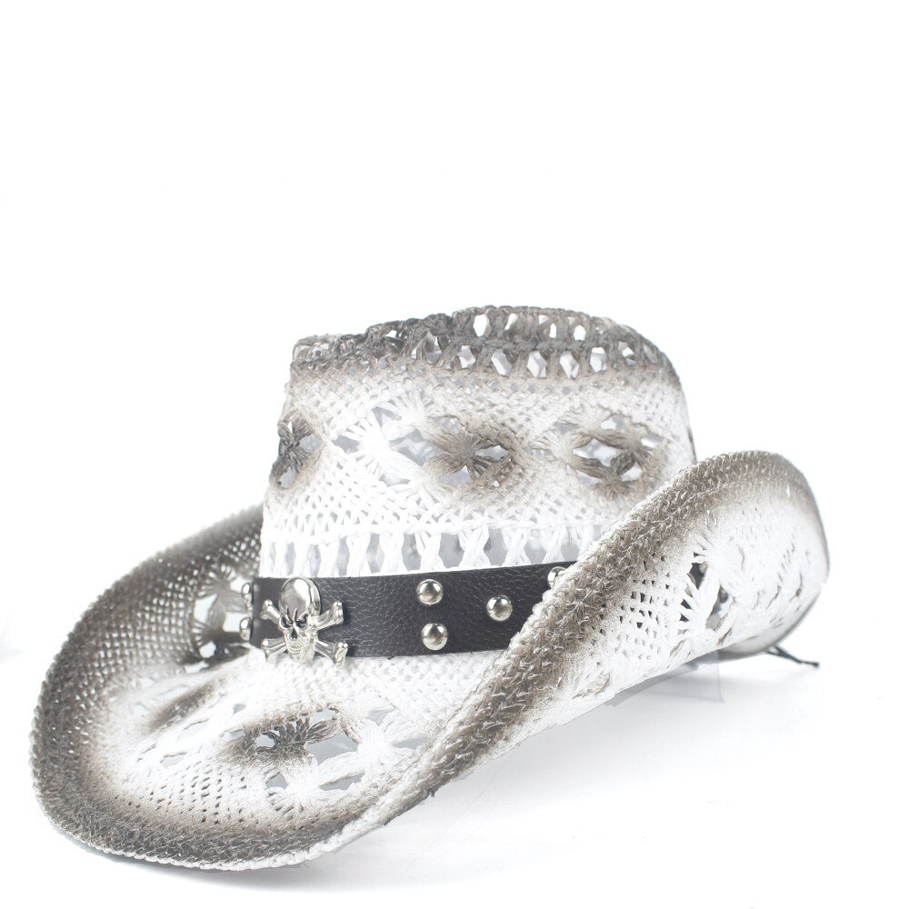 Sombrero de paja estilo vaquero occidental para Hombre y mujer, Sombrero de paja estilo vaquero occidental, hecho a mano, para playa, estilo Cowgirl, Jazz, talla 56-58CM: White
