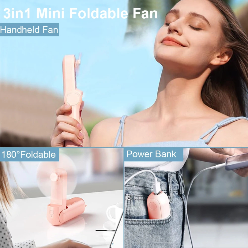 Bærbar ventilator 2000 mah usb genopladelig 3 hastigheder mini håndholdt foldbar ventilator håndholdt lille lommerejseventilator med praktisk powerbank