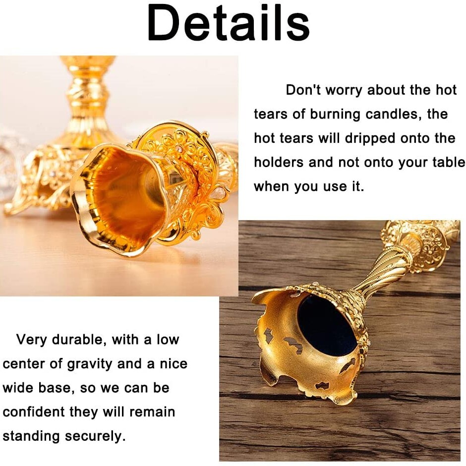 Candelabros chapados en oro para decoración del hogar, paquete de 2 candelabros de 18cm/7 pulgadas para velas cónicas de sabbat, para mesa de comedor
