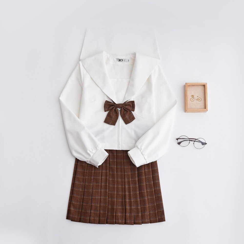 Long Sleeves Japanese School Uniform Girl Sailor Dress Red/Khaki Plaid Skirt Uniformes Japonais Korean Costumes For Girl