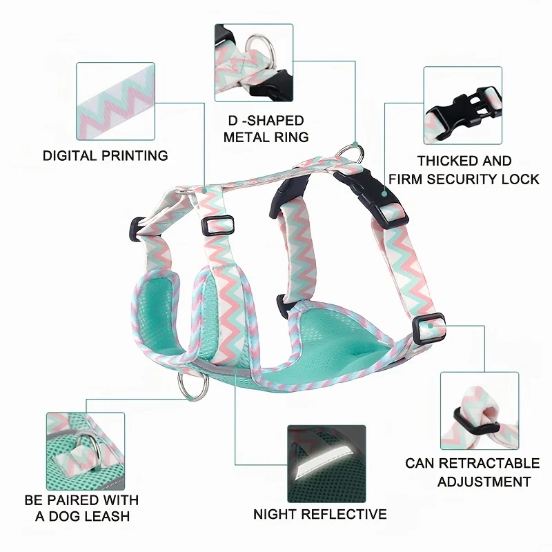 Arnés con estampado de malla transpirable para perro, chaleco cómodo para mascotas, tamaño ajustable para perros pequeños y medianos