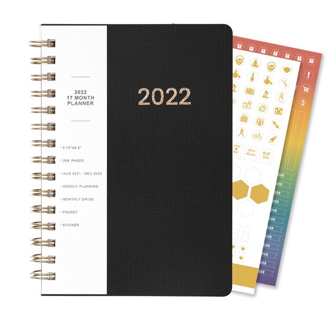 A5 2022 Diary Weekly Planner Agenda Spiral Organizer Notebook Index Sticker Goals Habit Schedules Stationery School Supplies: Black
