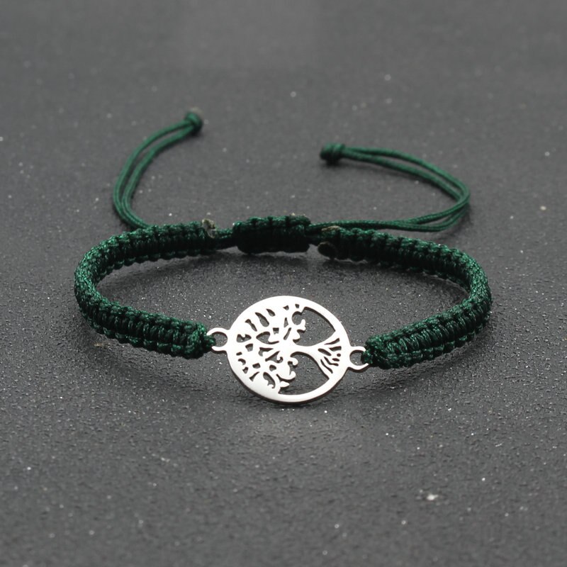 Pulsera de cuerda hecha a mano para hombre y mujer, brazalete de acero inoxidable con colgante de árbol de la vida, ajustable, para pareja: Dark green