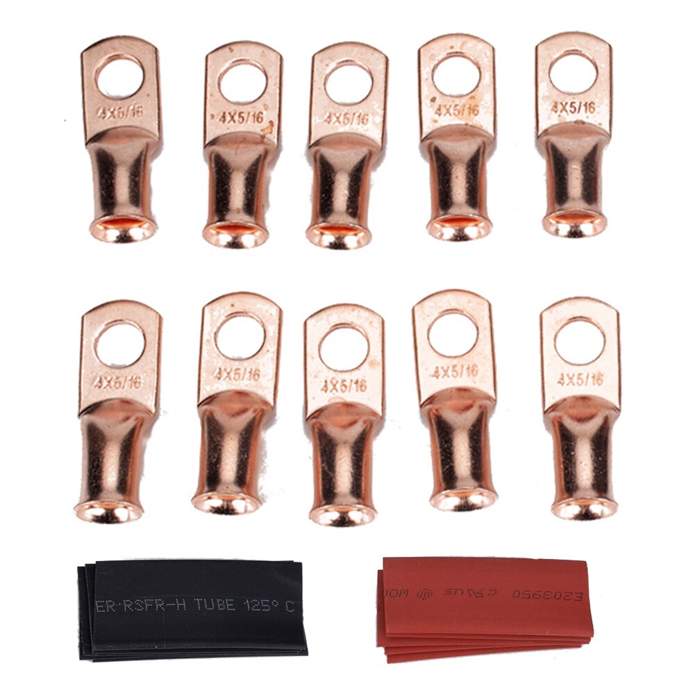 10 Set Heavy Duty Copper Battery Cable Ends Wire Lugs 4AWG 5/16 Hole with 2:1 Heat Shrink Tubes