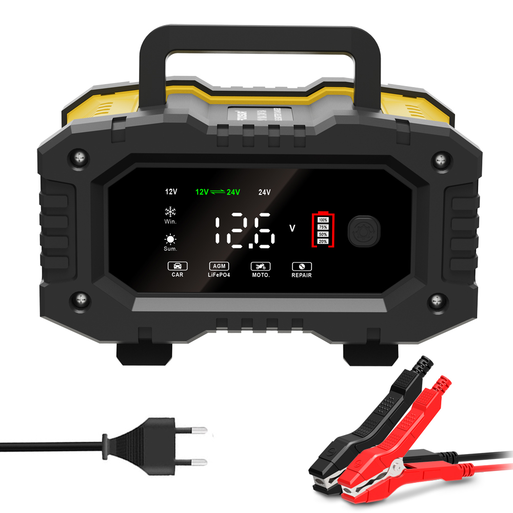 FOXSUR-cargador de batería de coche 10A para baterías de plomo-ácido Lifepo4 AGM de 12V 24V para motocicleta, camión, barco con reparación automática de pulso: Oro