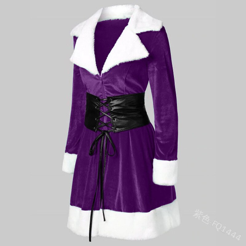Christmas Costume Dress Women Red Green Dress White Velvet Fleece Shawls Deep V-neck Dress Femme Xmas Outfit