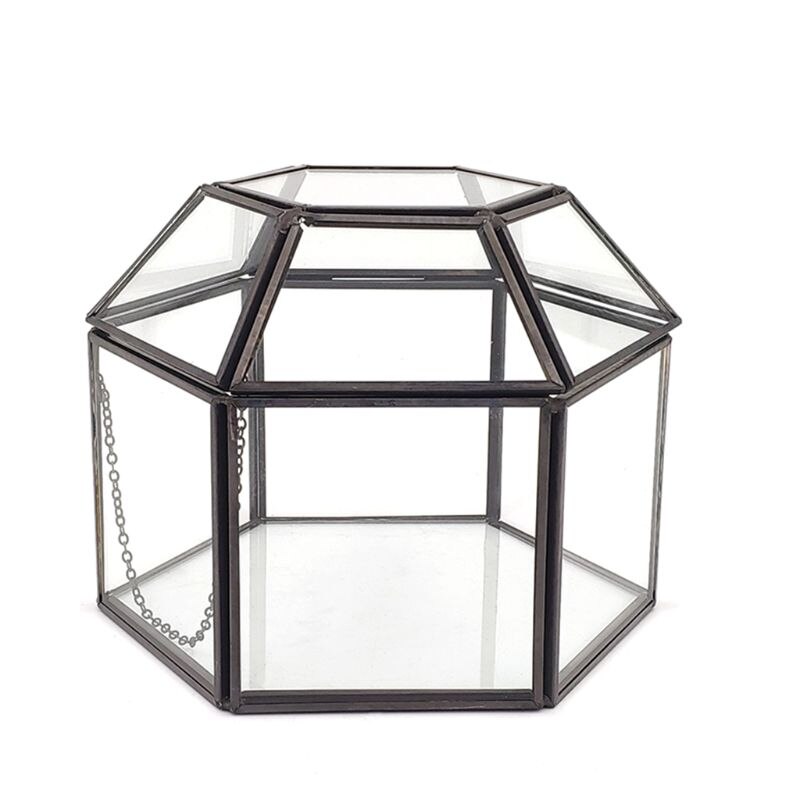 Clear Glass Hexagonal Jewelry Box with Lid, Hinged Top Lid Terrarium Jewellery Display Storage Organizer, Box Tabletop Display