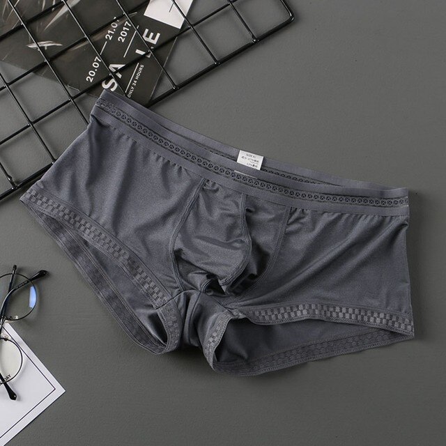 Men&#39;s Sexy Underwear Ice Silk Brief Pantie Low Waist Men Lingerie see through Pant Underpants Tangas Intimate man bottom shorts: Gray flat angle / XXL