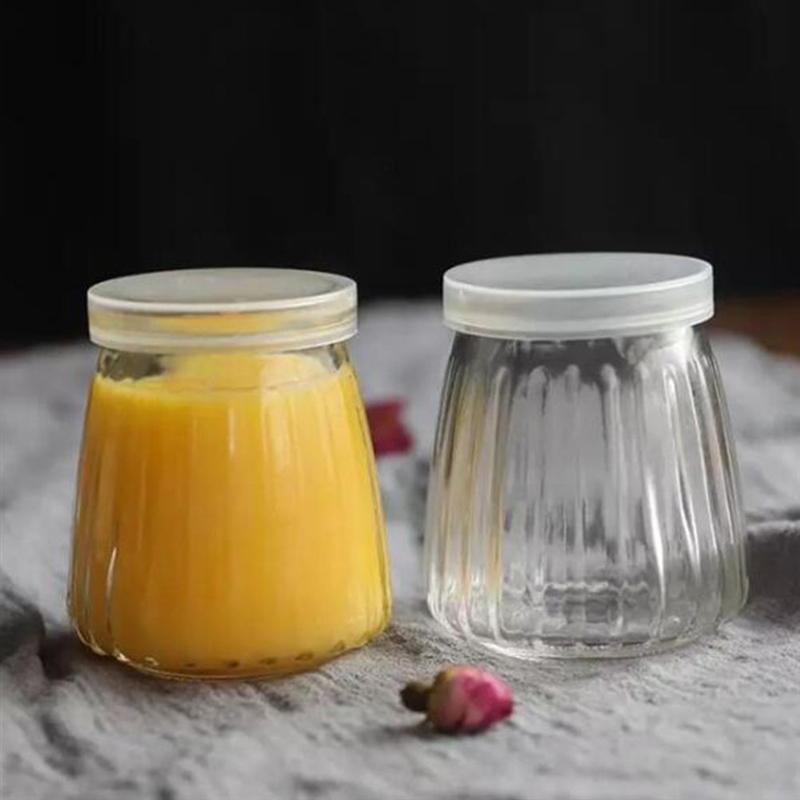 8 stk lodrette stribede buddingflasker varmebestandigt glas gelé yoghurt krukke beholdere mælkekop med låg  (200/150/130/100ml)