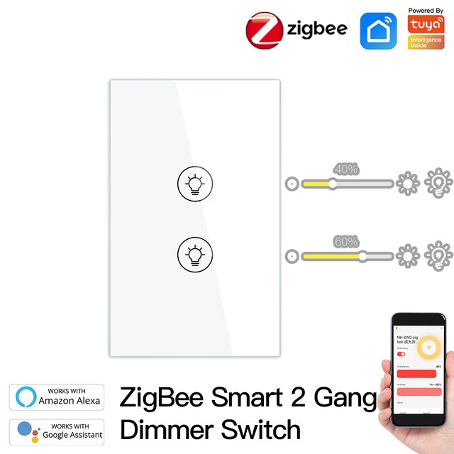 ZigBee US/EU Smart Multi-gang Light Dimmer Switch Independent Control Smart Tuya APP Control Compatible With Alexa Google Home: US 2 Gang White