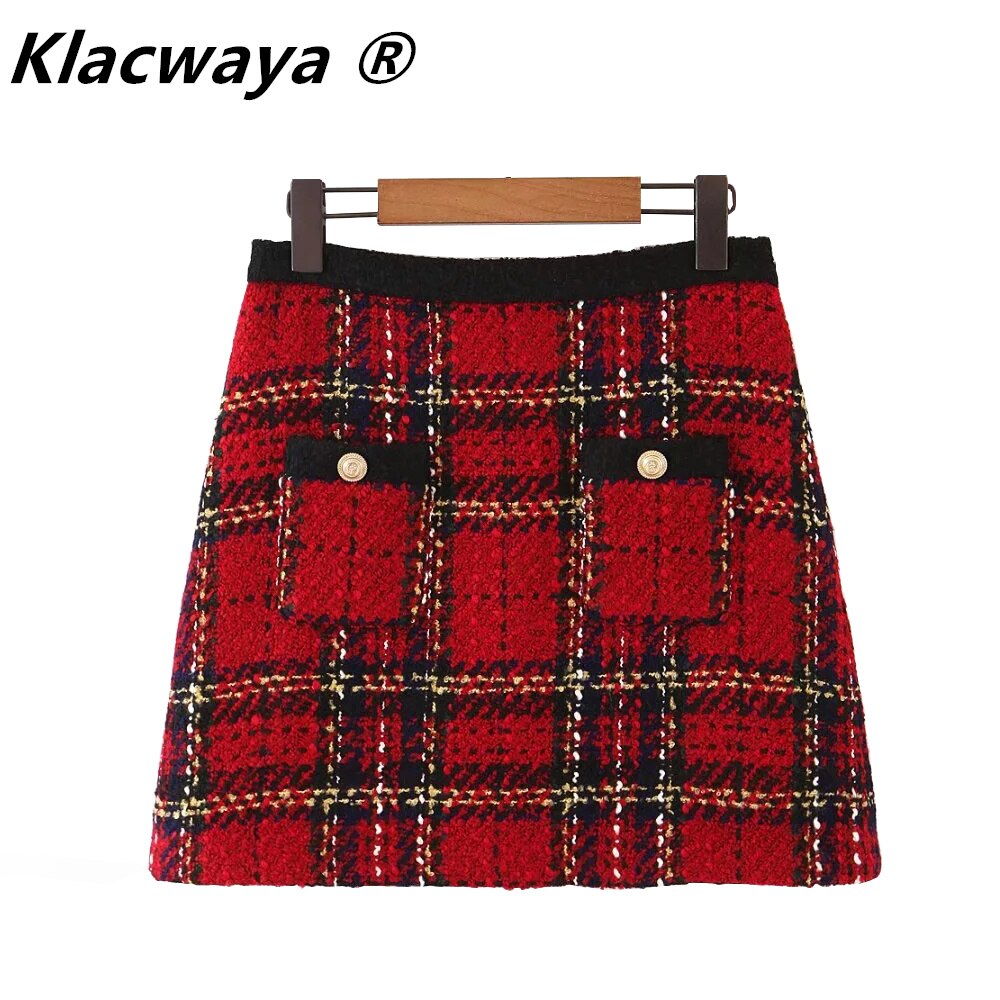 Mini faldas de cintura alta a cuadros para mujer, falda roja Vintage de Tweed, a la , para invierno,
