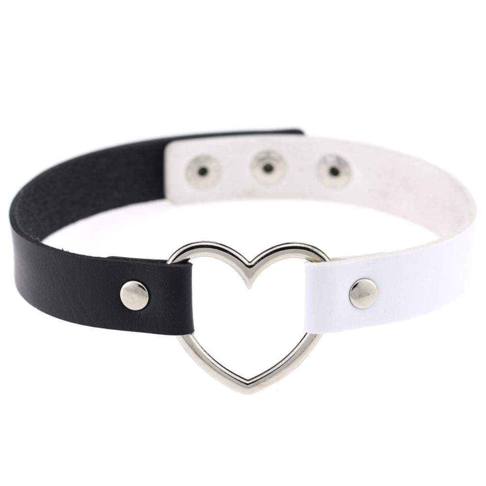 1PC Multi-Color Harajuku Punk Lady Gothic Leather Choker Heart Chain Spike Rivet Buckle Collar Necklace: white black