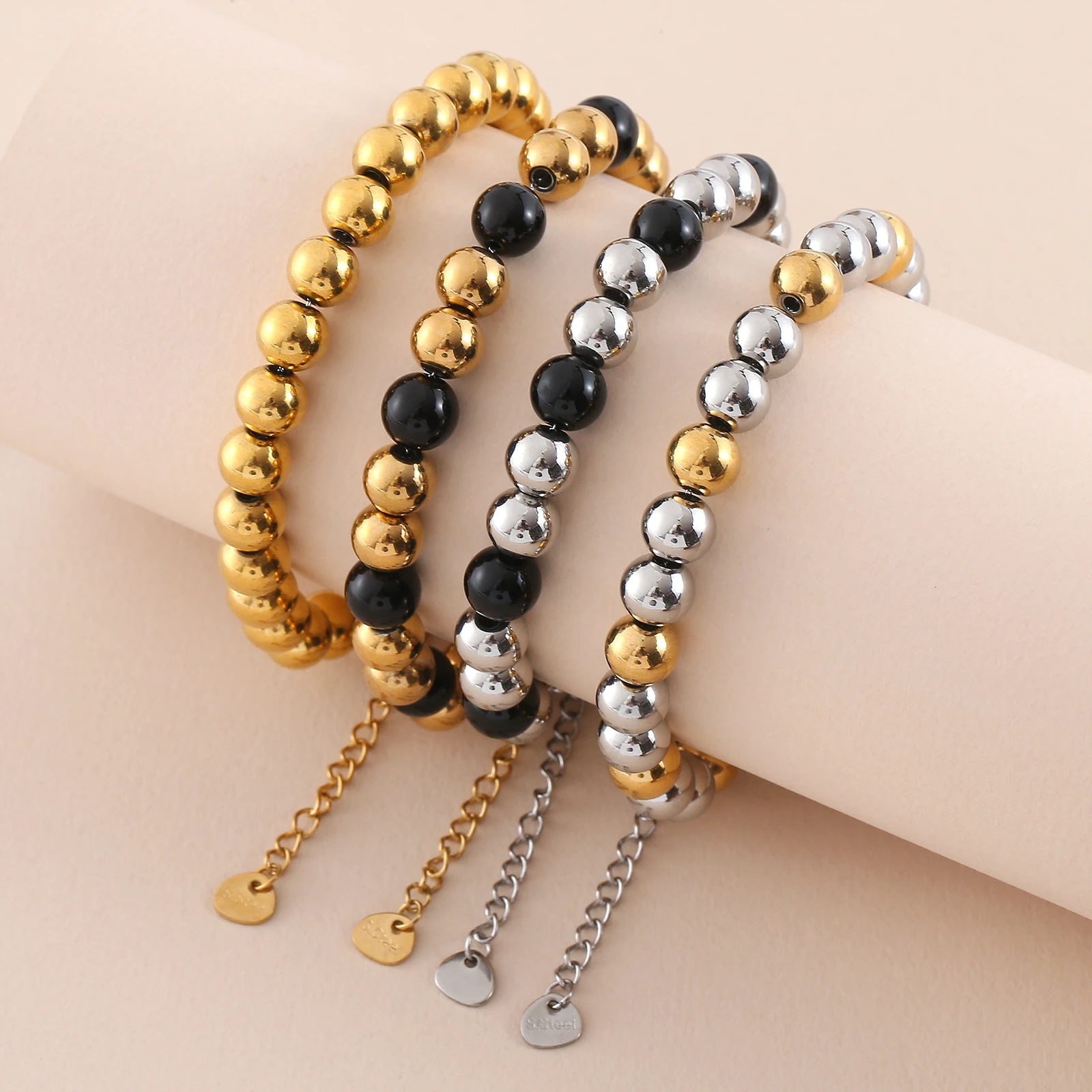 MHS.SUN-pulsera de cuentas lisas impermeable, brazalete ajustable de bolas redondas de acero inoxidable, Color dorado y plateado, joyería de Unisex
