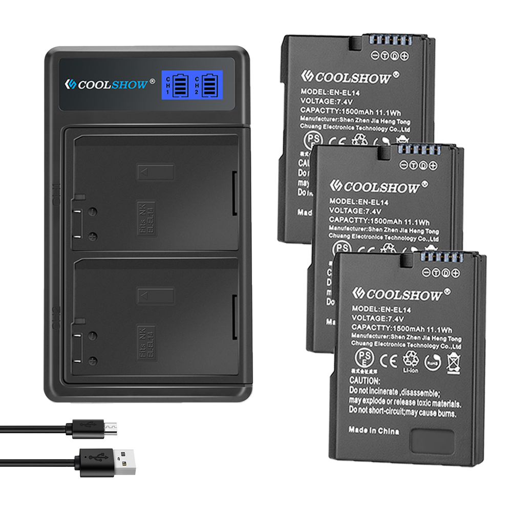 Enel 14 batteri 1500 mah til nikon  d3100 d3200 d3300 d3400 d3500 d5600 d5100 d5200 p7000 p7100 p7800 el14 batteri: 1 oplader 3 batteri