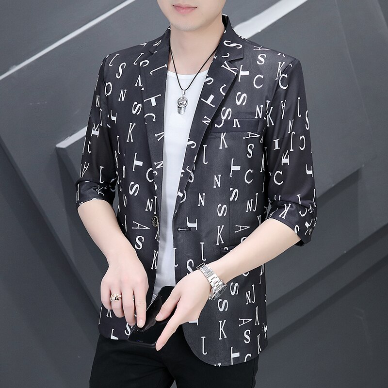 2022 Summer Letter Printed Men Blazers 3/4 Sleeve Casual Suit Jacket Wedding Business Social Dress Coat Casual Slim Blazer