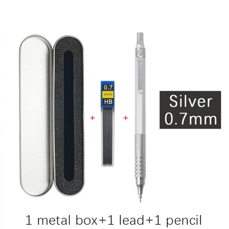 Metal Mechanical Pencils Set with Lead Refills Drafting Automatic Pencil 0.3, 0.5, 0.7, 2.0mm Pencil for Art Supply: Light Grey