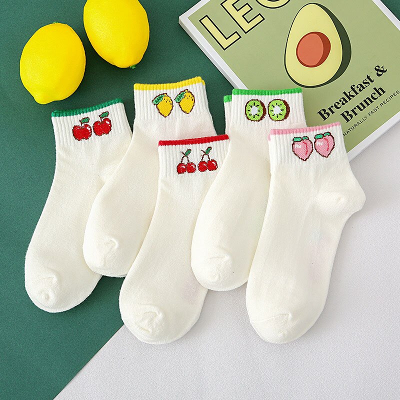 mignon drôle chaussettes femme pêche citron cerise Kiwi fruits chaussettes femmes heureux Calcetines Divertidos Skarpetki blanc Sokken