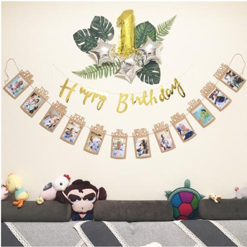 1 Set Happy Baby 1st Birthday Photo Frame Banner for Family First Party Favors Kids Boy Girl Supplies 12 Month Decoration