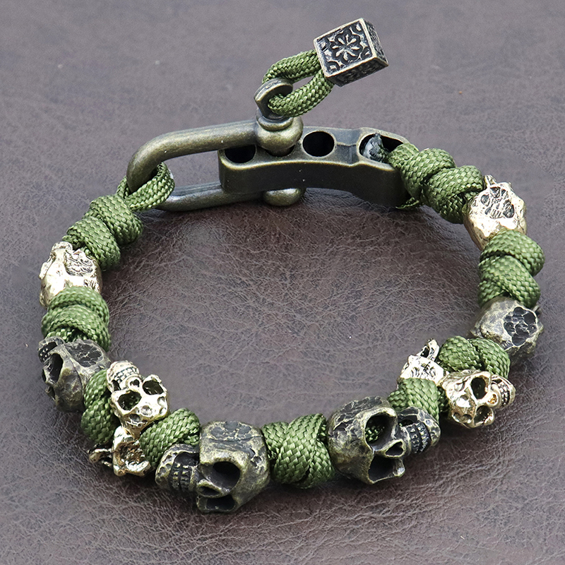 Pulsera tejida con calavera Vintage para hombre, brazaletes hechos a mano, brazaletes de Paracord de supervivencia al aire libre, pulseras ajustables Punk Hip Hop, joyería: PLATEADO