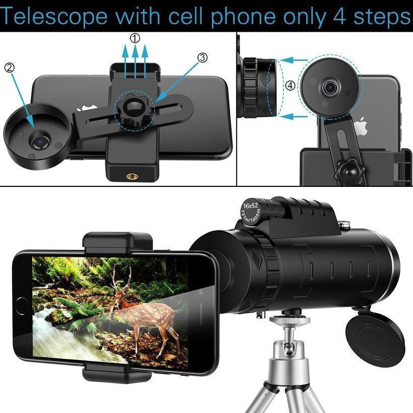 Mira telescópica monocular de 40x60, zoom para smartphones, câmera, camping, trilhas, pescarias, com suporte para telefone e tripé