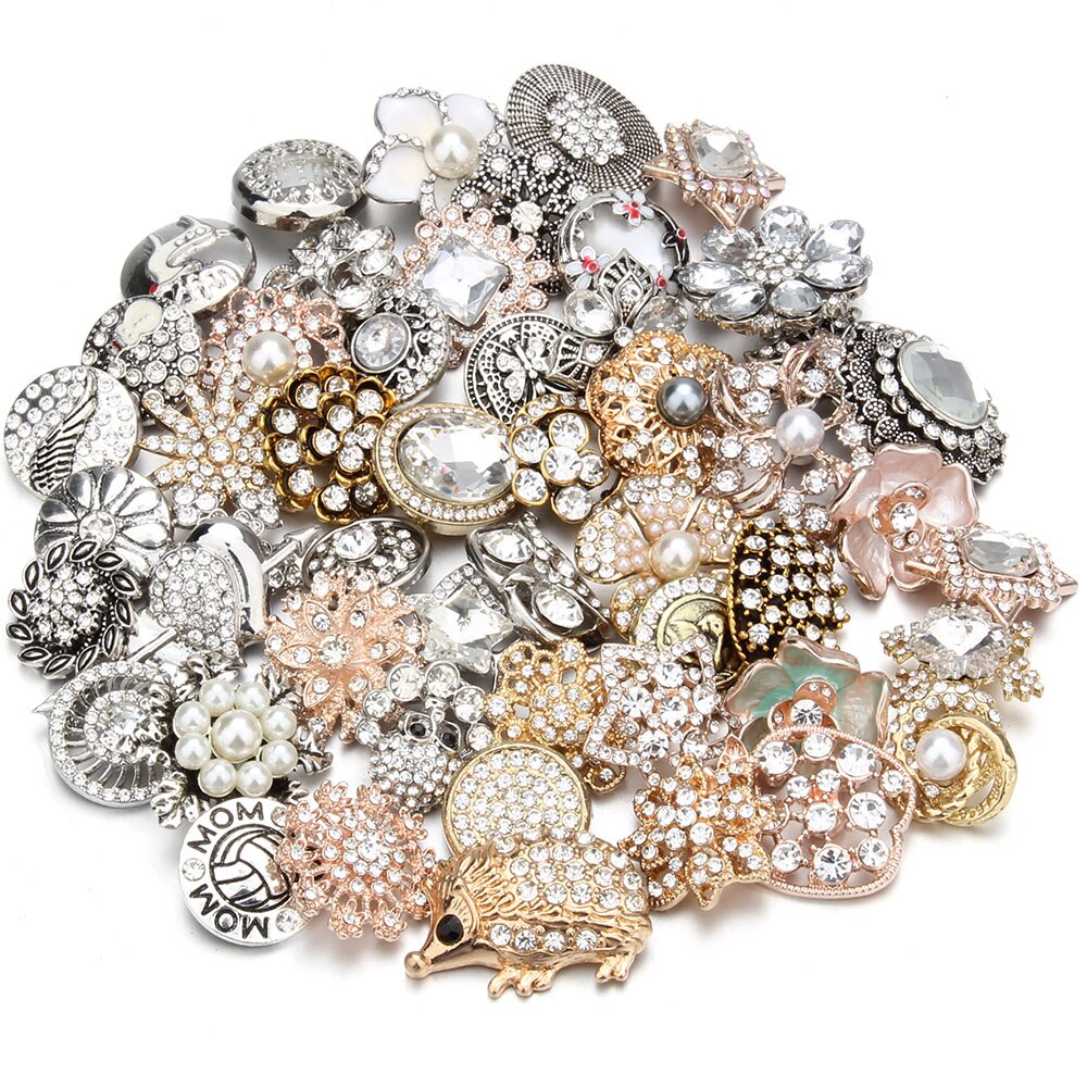 10 pz/lotto all'ingrosso Snap gioielli MIX metallo scatta strass fiore 18mm bottoni a pressione misura in pelle Snap braccialetto del braccialetto: gold-silver (White)