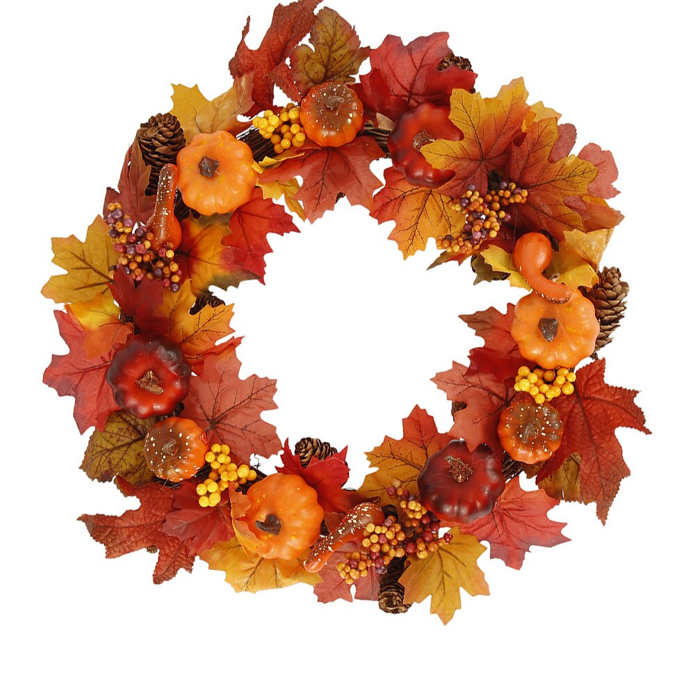 45cm Autumn Maple Leaves Leaf & Pumpkin Wreath Door Wreath Artificial Pumpkin Berries Pine Cone Maple Manmade Garland: A