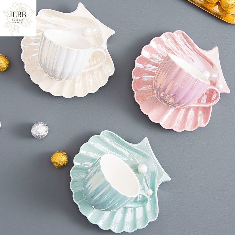 Taza y platillo de perlas de concha hermosa para café, té, vajilla de cerámica para cocina y oficina, elegantes de café de cumpleaños y boda, 240ml