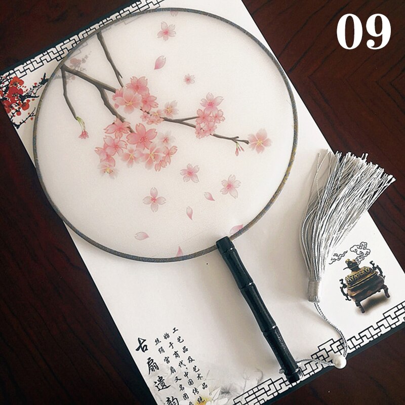 Hanfu Circular Fans Vintage Tassel Long Handle Ancient Chinese Style Court Dancing Round Fan Classical Printed Wedding Round Fan: 9