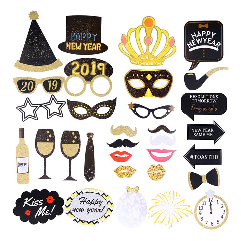 32PCS Year Photograph Props Camera Props Glitter Funny Photography Accessories for Costume Party Theme Party