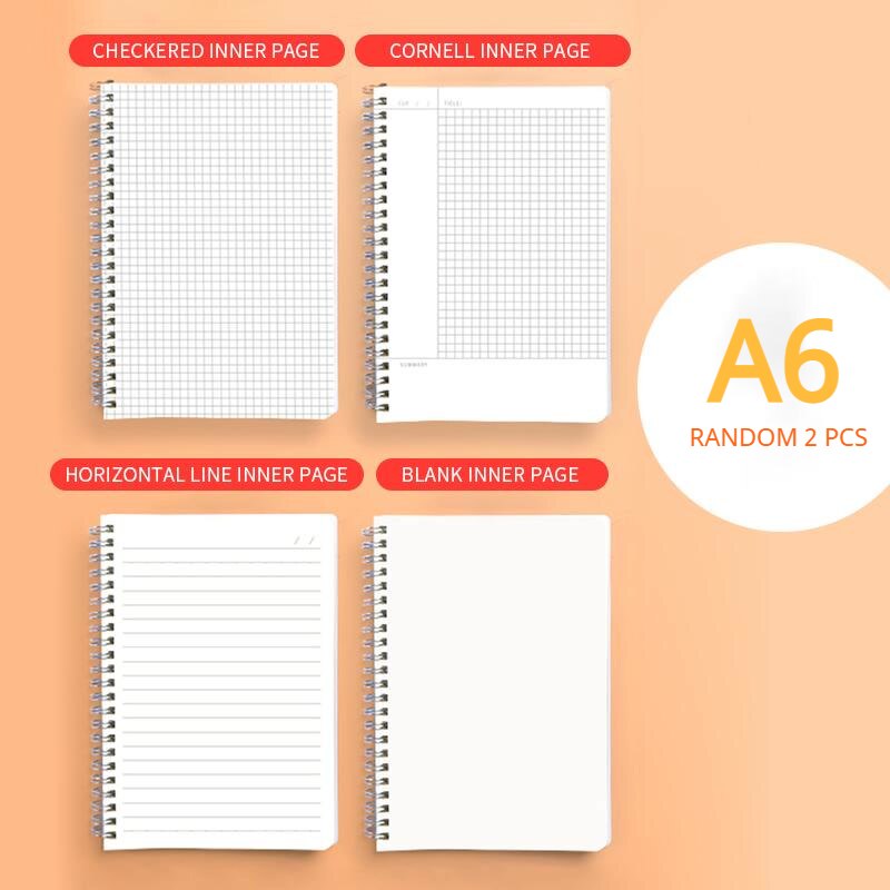 M&amp;G A4/A5/B5/A6 PP Double Spiral Notebook Checkered/Cornell/Horizontal Line/Blank Notepad Pocketbook Journal Diary Drawing: A6 Random 2pcs