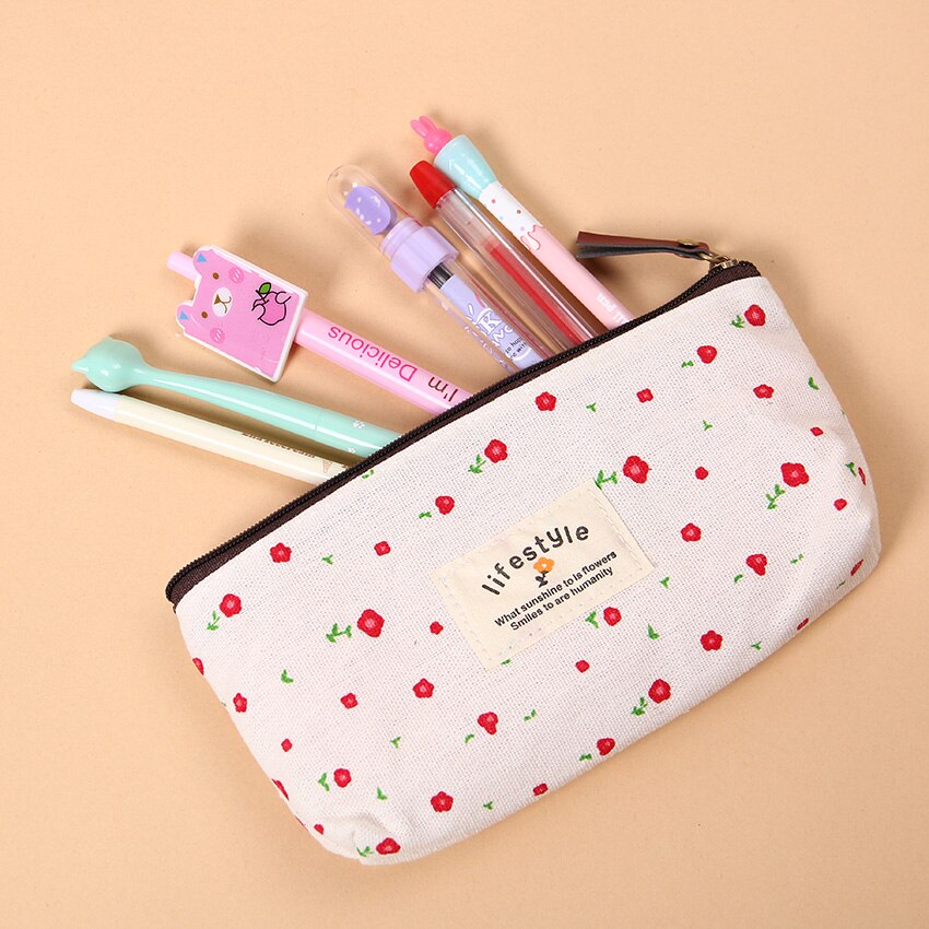 Cute Colorful Floral Flower Canvas Zipper Pencil Cases Lovely Fabric Flower Tree Pen Bags