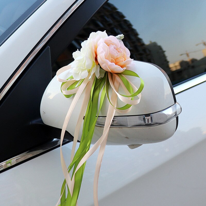 Bridal Auto Spiegel Deur Decoratie Zijden Lint Bloem Bruiloft Kunstbloemen HG99: Black