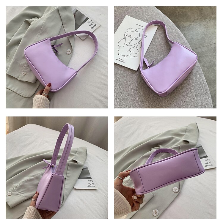 Doux en cuir PU femmes violet sous les bras sac rétro couleur unie dames Baguette sacs à main de filles petits sacs à bandoulière