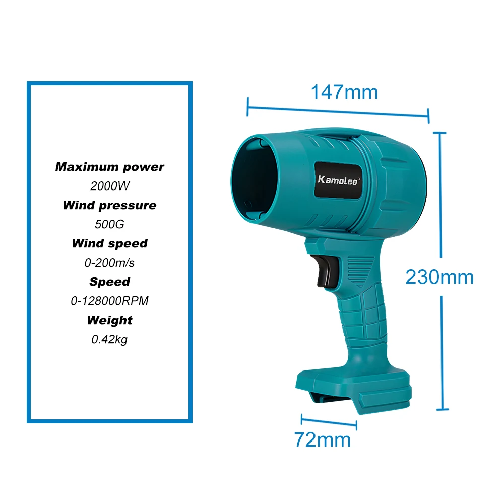 Kamolee 200 m/s Turbo-Jet-Lüfter, 2000 W, kabelloses elektrisches Luftgebläse, heftiges Hand-Elektrowerkzeug für 18-V-Akku von Makita