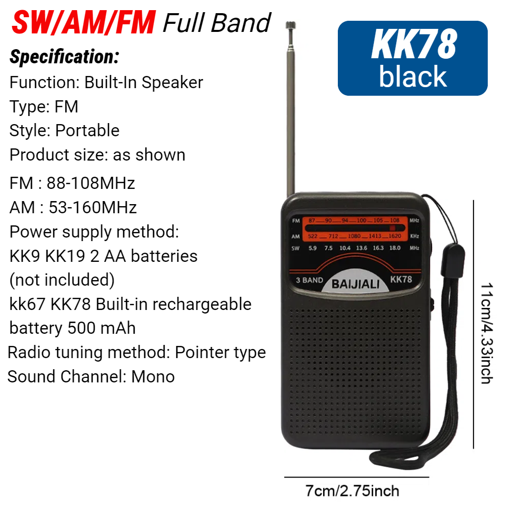 Mini Radio portátil con altavoz incorporado, receptor mundial Retro, Radio de bolsillo con batería, antena telescópica AM/FM para interior del hogar: Negro