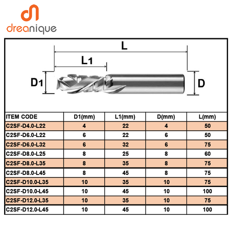 DREANIQUE Up&amp;Down Compression Milling Cutter Carbide CNC Router Bit 6mm 8mm Two Flutes Wood Engraving end mill with chip breaker