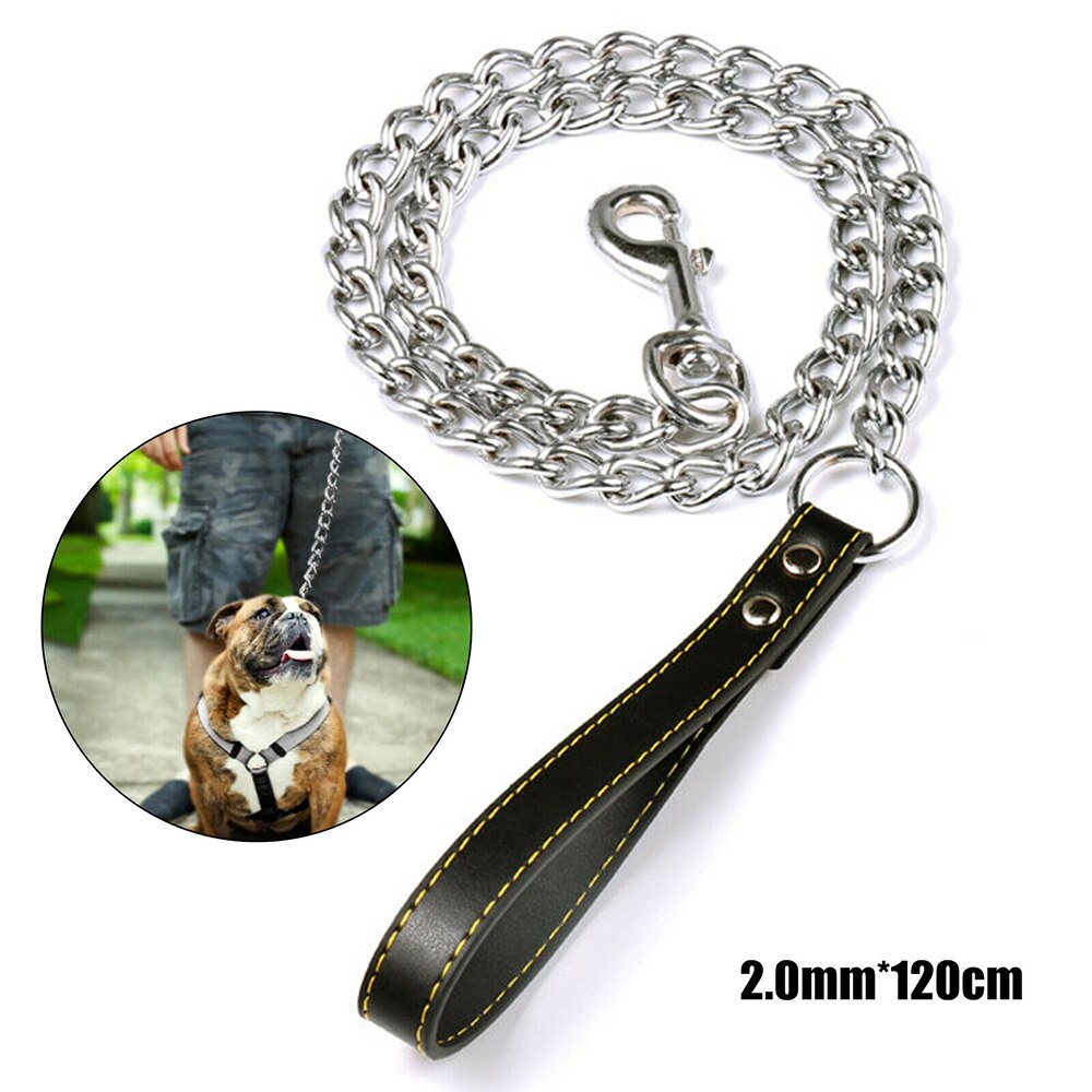 Heavy Duty Metal Chain Dog Lead With Leather Handle Long Strong Control Leash Outdoor Pet Traction Rope Anti Bite Chain