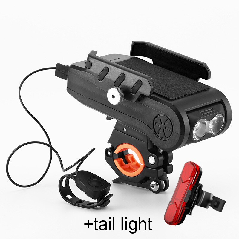 Multifunctional Bicycle Headlight4000mAH Mobile Phone Rack Holder 2x T6 LED 550LM Alarm Bell Horn MTB Mountain Bike Front Flashl: black4000