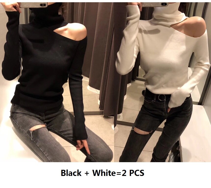 Sexet striktrøje off shoulder sweater sweater til kvinder langærmet rullekrave dame sweater hvid tøj vintage sweater: Sort hvid 2 stk