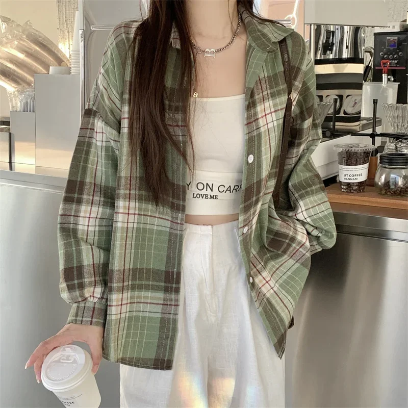 Camisa de flanela preta para mulheres, manga comprida, gola, botão, camisa xadrez tartan, jaqueta, adolescente, roupa casual diária