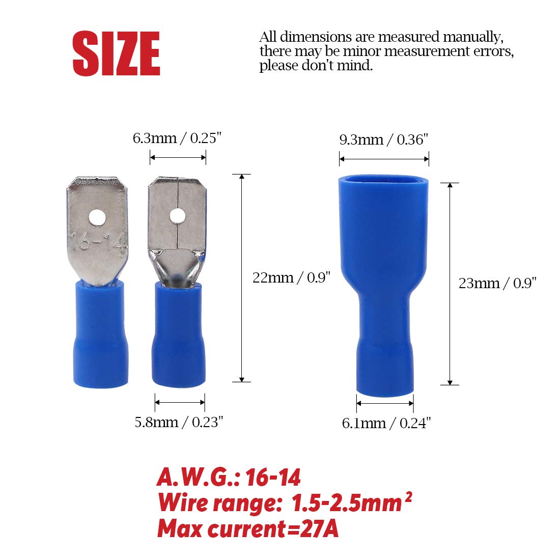 Connecteurs à bêche femelle et mâle, connecteurs à déconnexion rapide, fil à bêche isolé, borne de sertissage, 16-14 AWG, 100 pièces, 50 paires