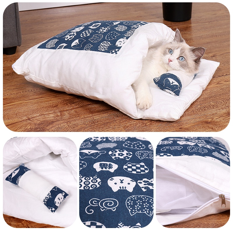 1pc Cute Cat Sleeping Bag Cat Winter Warm Mat Pet Kennel Dog Mat Thickening Sleeping Bag Nest Pet Closed Removable Washable