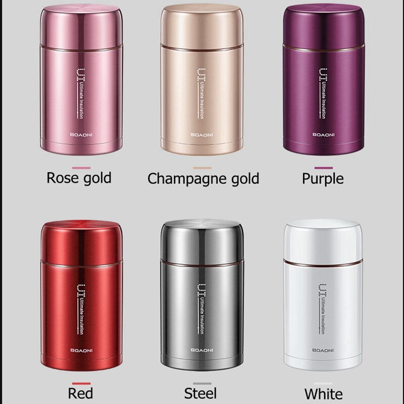 BOAONI 800ml/1000ml Food Thermal Jar Vacuum Insulated Soup Thermos Containers 316 Stainless Steel Lunch Box with Folding Spoon