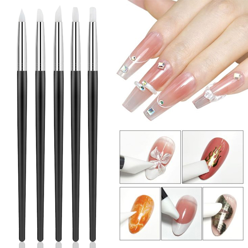 1/5 unids/set cepillo de uñas de silicona punta de esmalte de Gel UV de silicona Flexible DIY punteado pinceles de esmalte pluma herramienta de manicura DIY