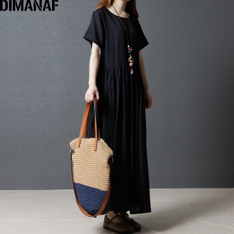 Dimanaf kvinder sommerkjole plus size linned kvindelig dame plisseret vestidos solid sort løs vintage lang kjole m -2xl